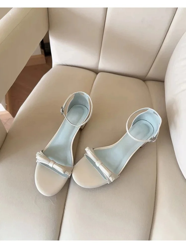 Elegant Leather  Knot Chunky Heel Sandals Women's Summer Fairy Style Commute High Heels Low Cut PU Lined Glue Bonding