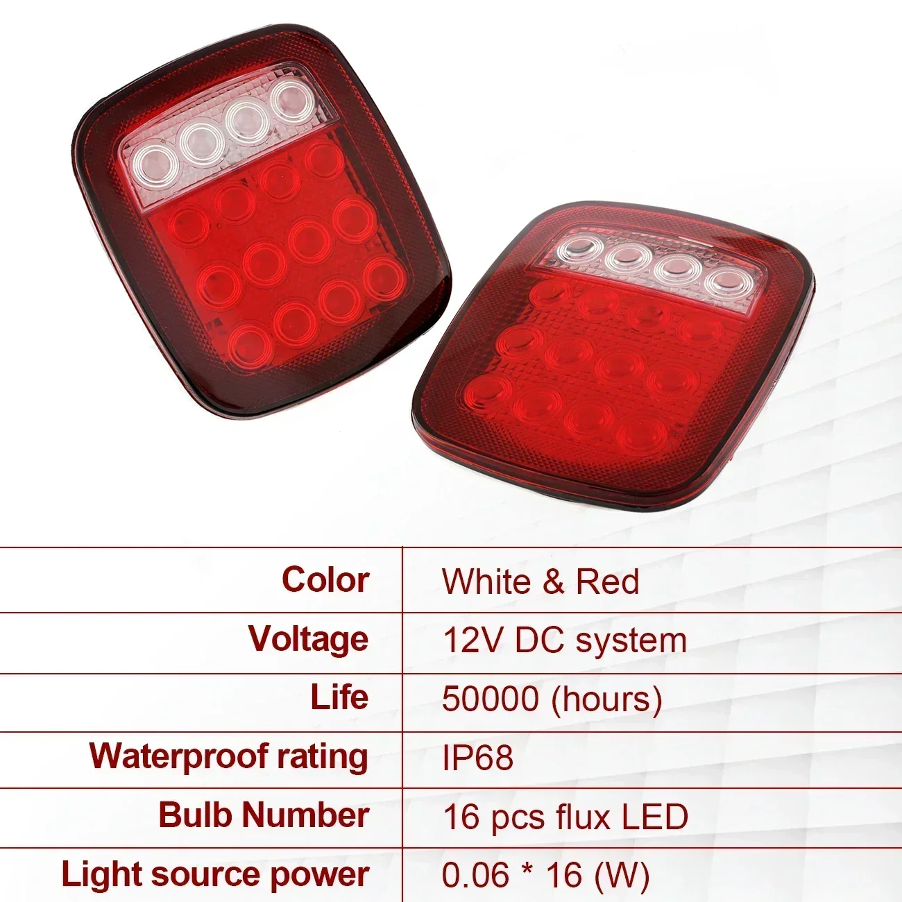 16LED Tail Light Reverse Brake Stop Driving Tail Light Red White Lights Waterproof for Jeep Wrangler YJ TJ CJ Truck