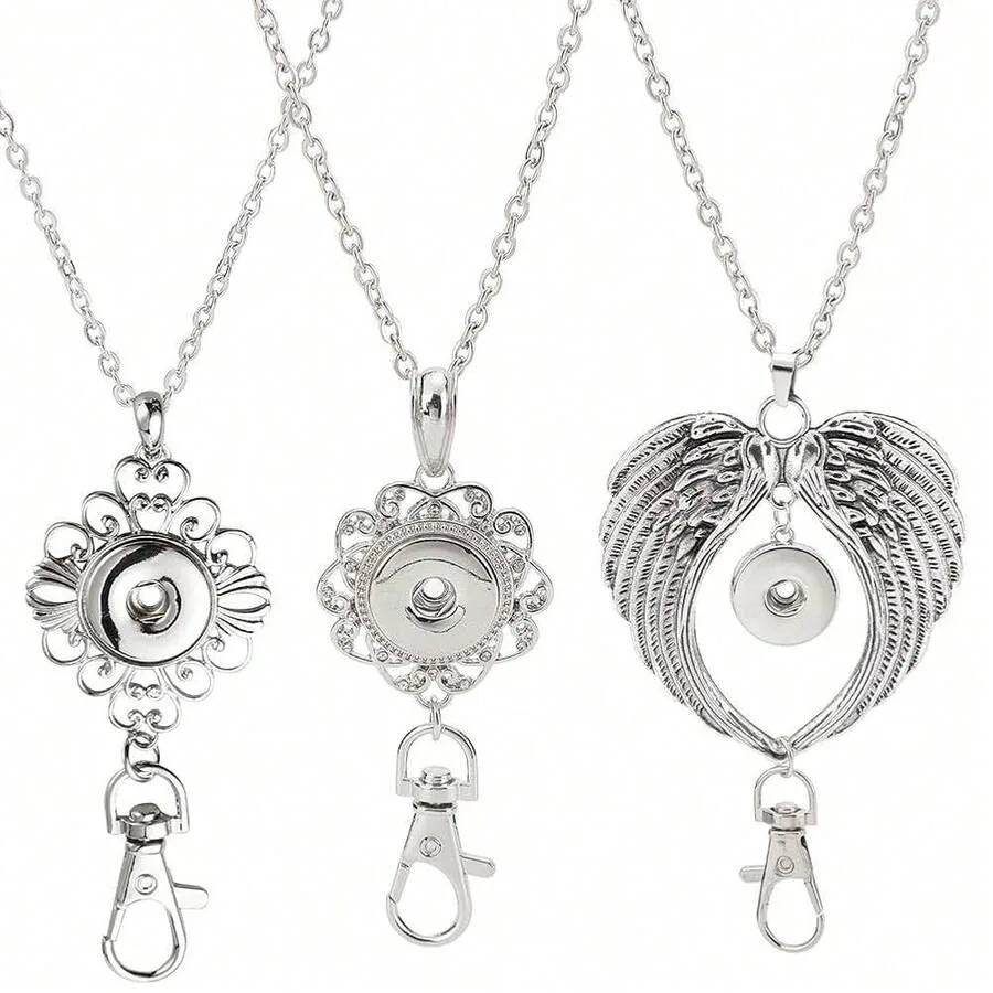 

ID Badge Lanyard 1 Box 6Pcs 3 Sets Stainless Steel Necklace Chain and Snap Button Base Charms Heart Wings Flower Cute Breakaway