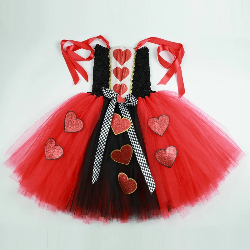 

Queen Of Hearts Costume Girls Kids Halloween Carnival Party Fancy Princess Dress Up Clothes Girl Wonderland Red Queen Tutu Dress