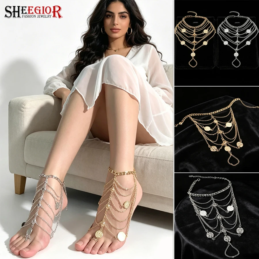 Vintage Layered tassels coins anklets foot chain instep decorative accessories barefoot toe ring anklet ankle bracelet ornaments