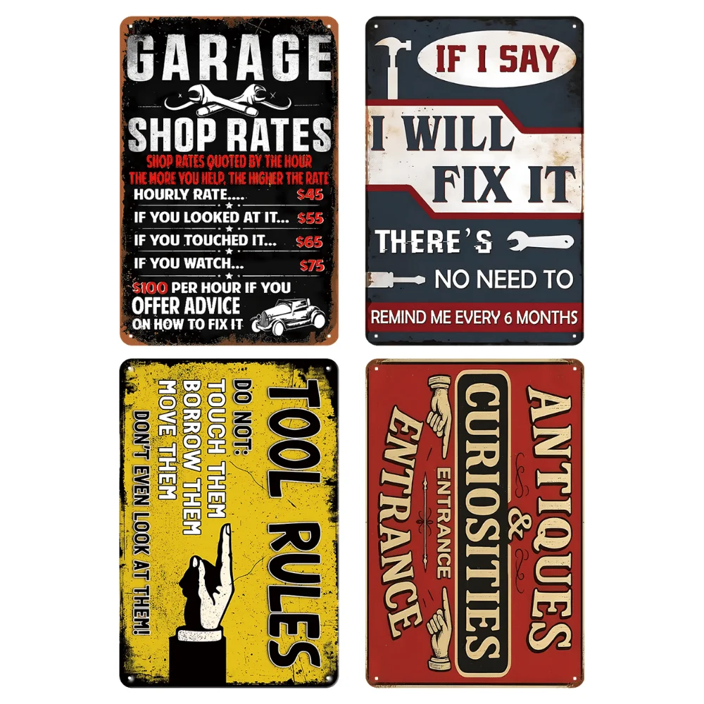 2D Flat 4pcs Vintage Sign Poster Vintage Metal Signs Plaque Home Wall Decor 20.32*30.48 Cm, Only For Decoration