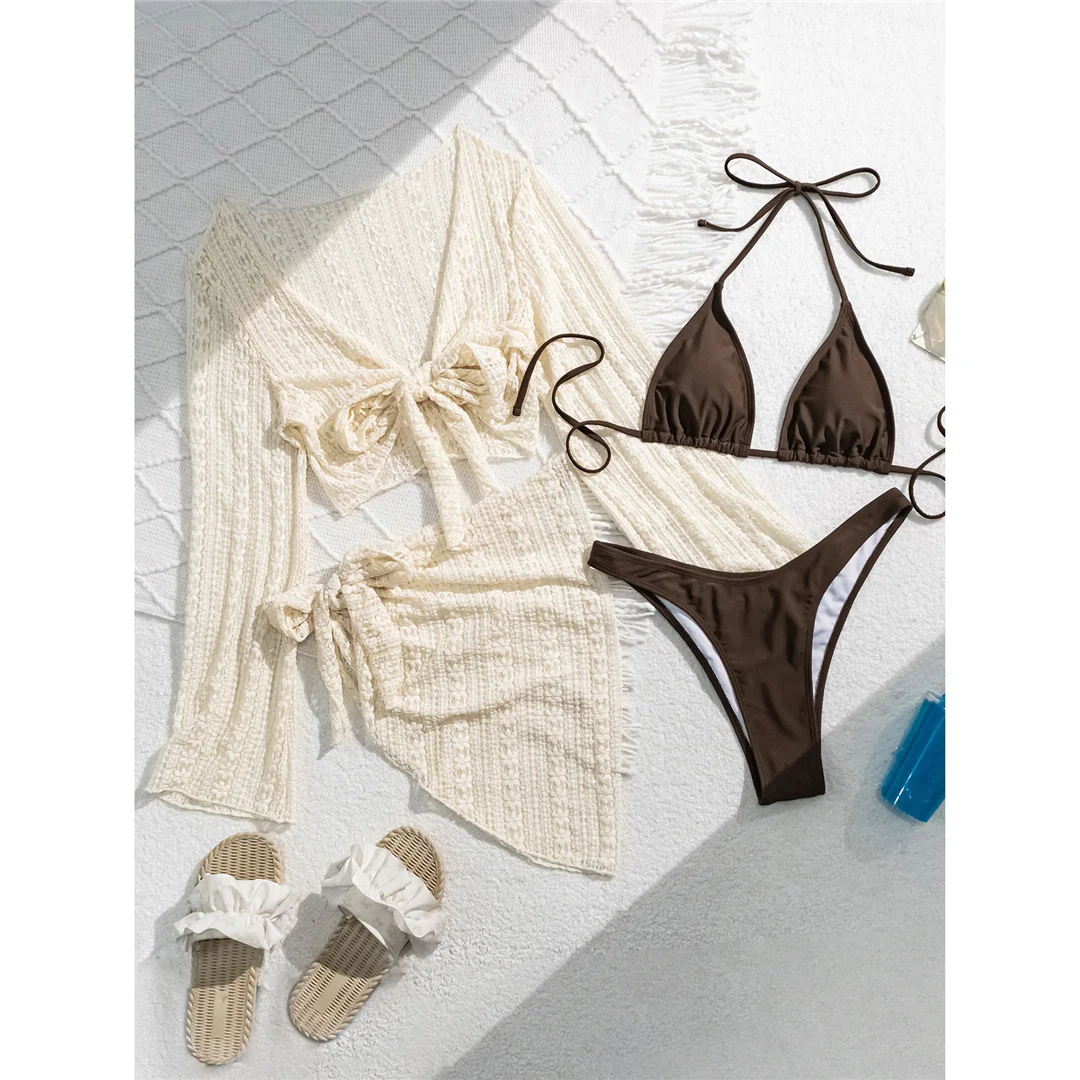 4PCS Neuer Langarm-Sarong-Bikini-Badeanzug für Damen, vierteiliges Bikini-Set, Badebekleidung, Damen-Badeanzug, Bather Swim V6961 – Detail 7