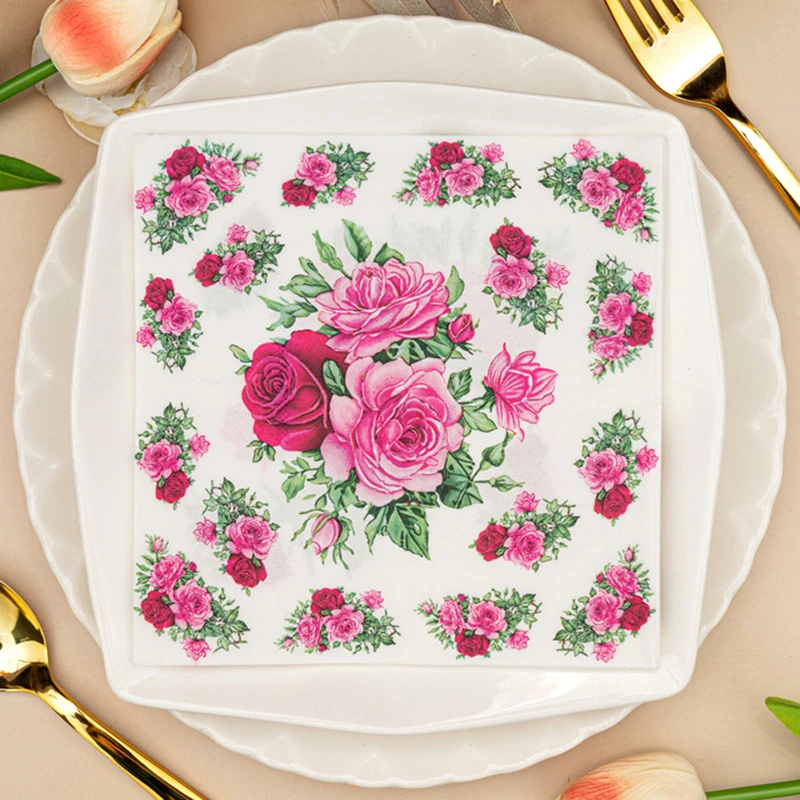 20/60Pcs Pink Flower Printed Disposable Napkins, Paper Napkins Tissues for Weddings, Party, Festivals, Anniversary Celebrations