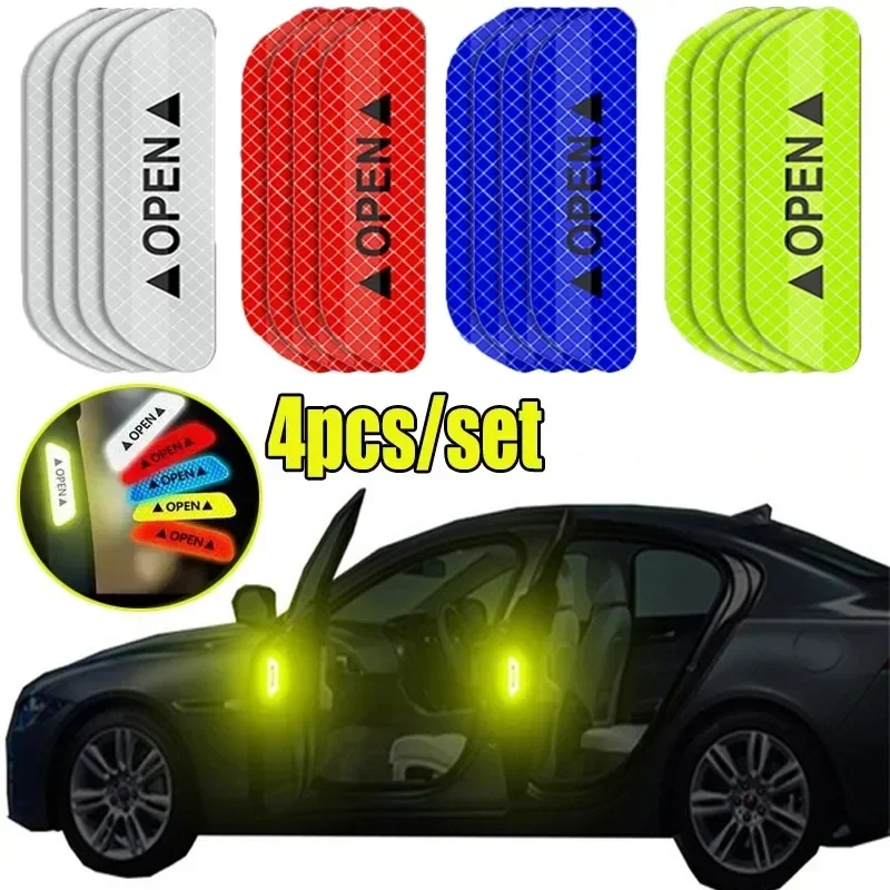 4pcs Reflective Car Door Sticker Safety Opening Warning Reflector Tape Decal Automatic Interior Exterior Decoration Accessories