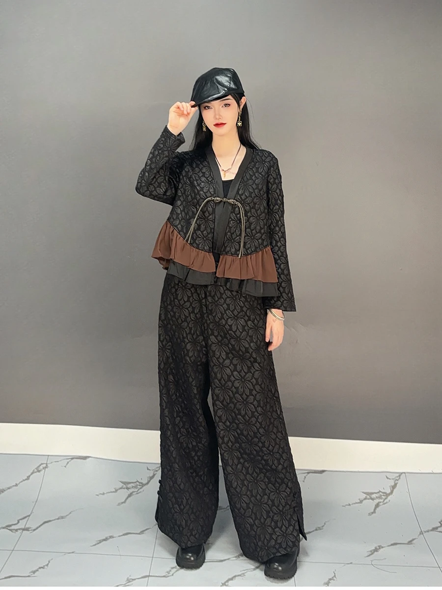 2024 Autumn New Fashion Loose Jacquard Shirt Top Casual Lantern Pants Elegant Two Piece Set Women\'s Wear J576