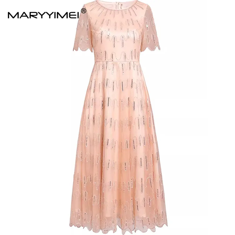 

MARYYIMEI New Fashion Runway Designer Dress Women's Short-Sleeved Mesh Sequins Embroidery Commuter A-Line Dresses