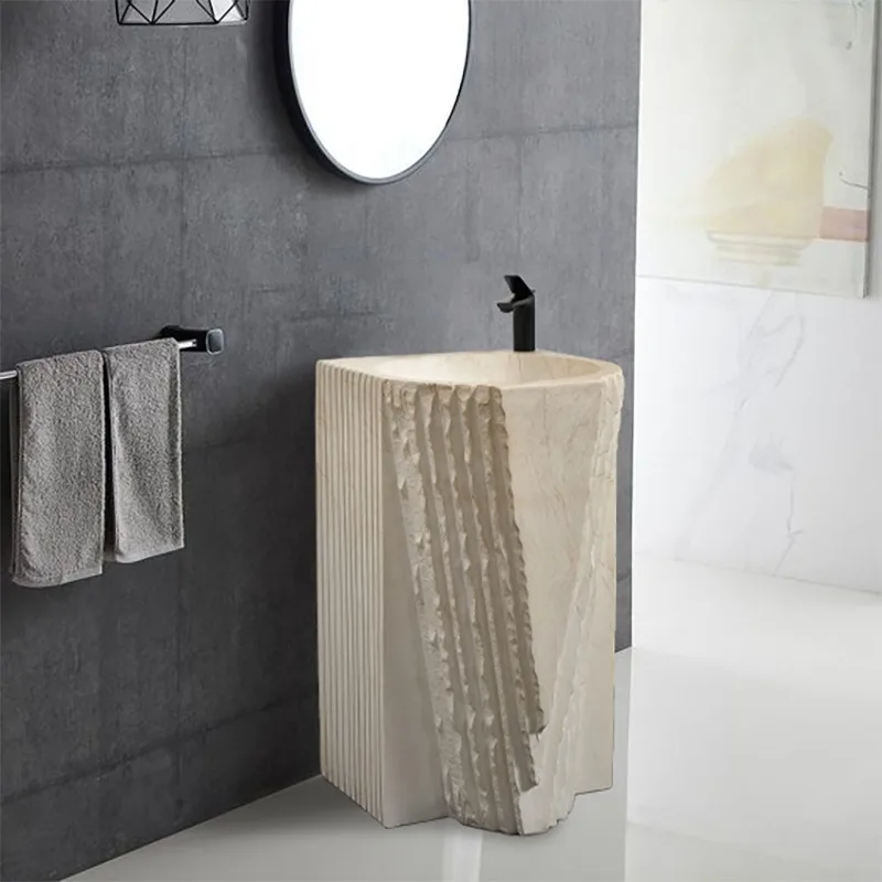 Lavabo a colonna con motivo in pietra imitazione marmo, lavabo artistico a forma speciale, lavabo integrato da pavimento, lavabo di design