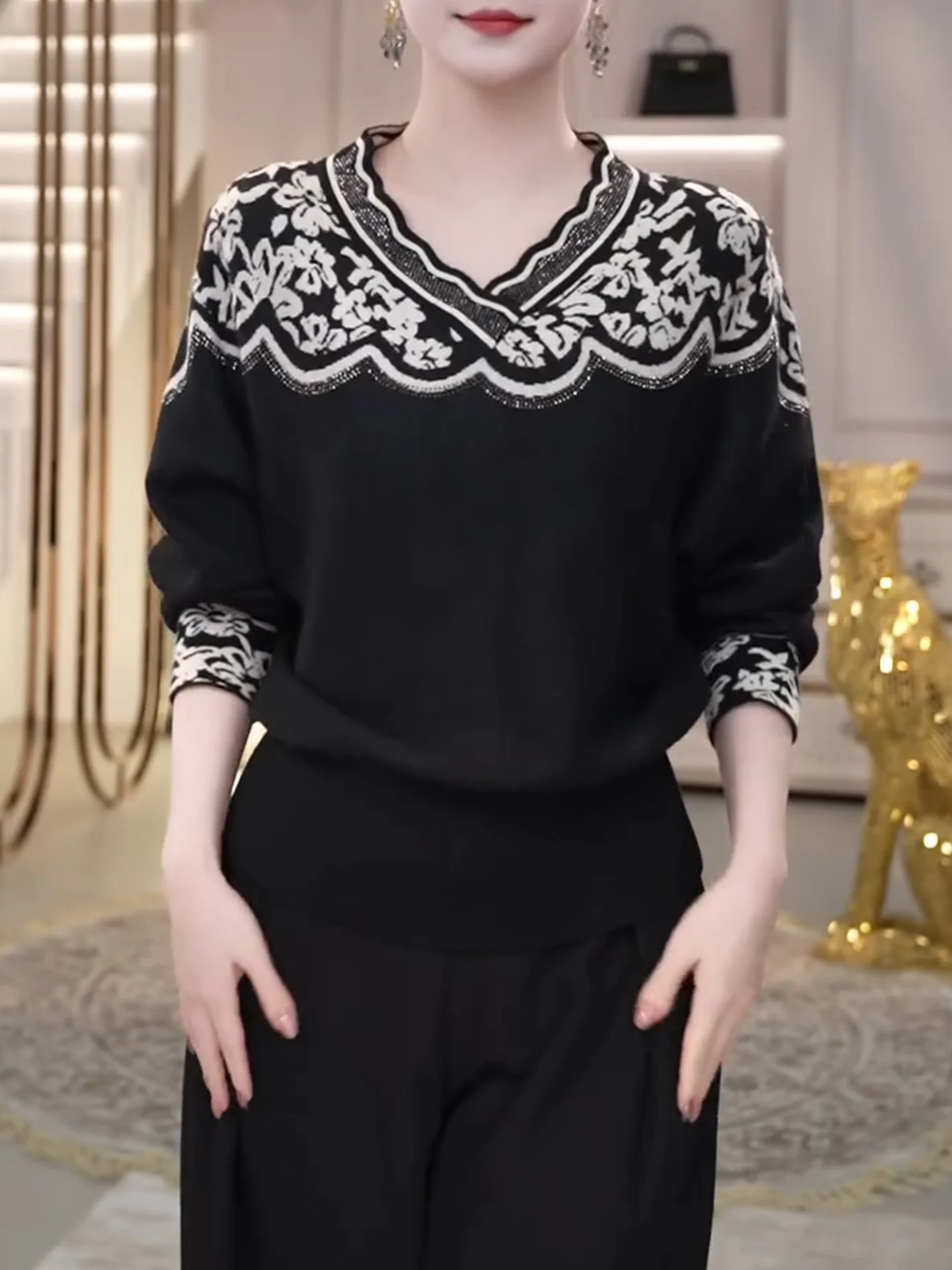 

Slimming ort Loose V-Ne Women's Top Bla Contrast Color Large Size Autumn Winter New Sle Korean Version Comfortable Wo...