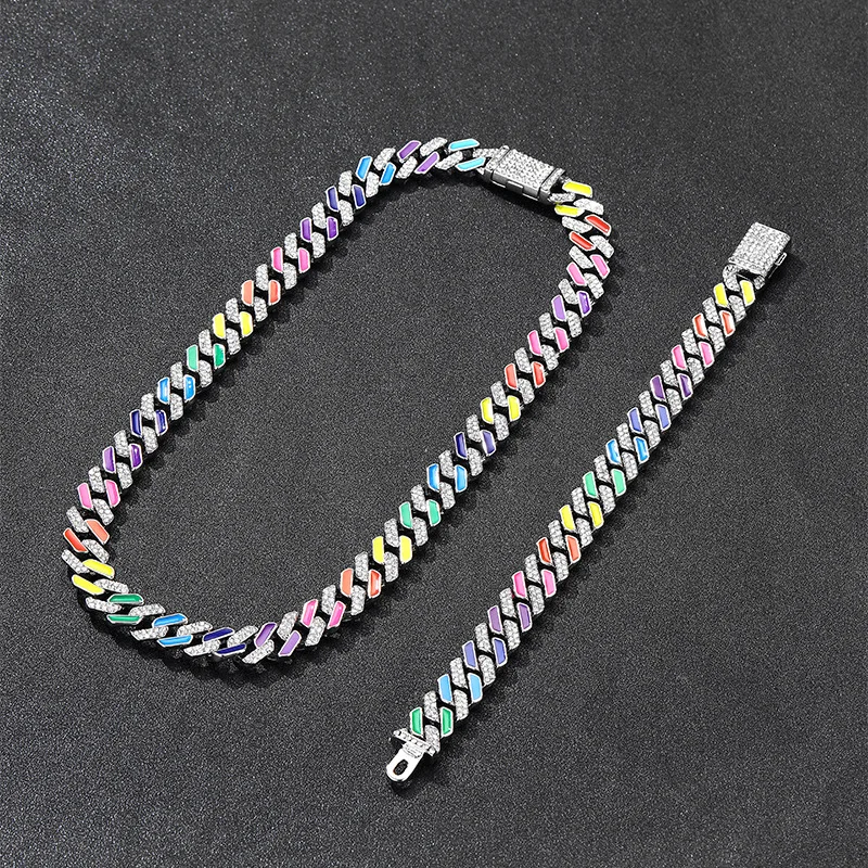 

Hip Hop Men Women 12mm Enamel Colorful Rainbow Chain Bracelet Bling Rhinestone Paved Miami Rhombus Cuban Chain Jewelry