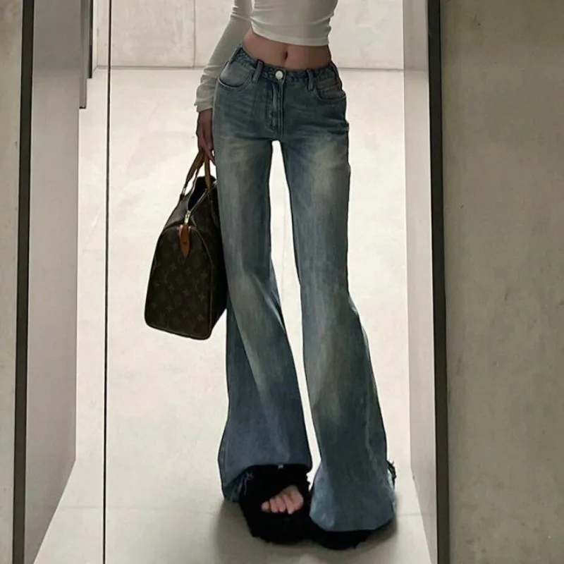 

Женские джинсы-клеш в стиле ретро, женские потертые облегающие джинсовые брюки с эластичной резинкой и высокой талией, уличная одежда, расклешенный низ, осень-зима