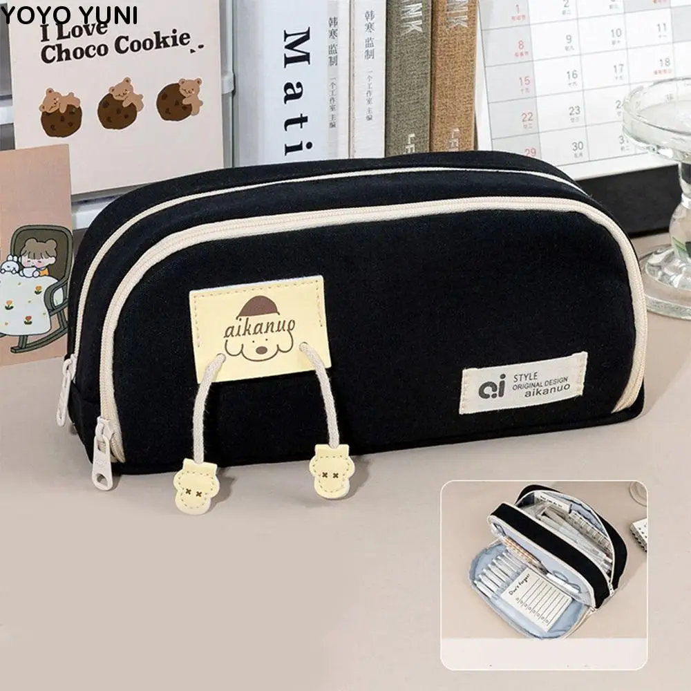 

Desktop Storage Canvas Stationery Bag Korean Style Large Capacity Multi Layer Pencil Bag Aesthetic Puppy Pencil Pouch Office