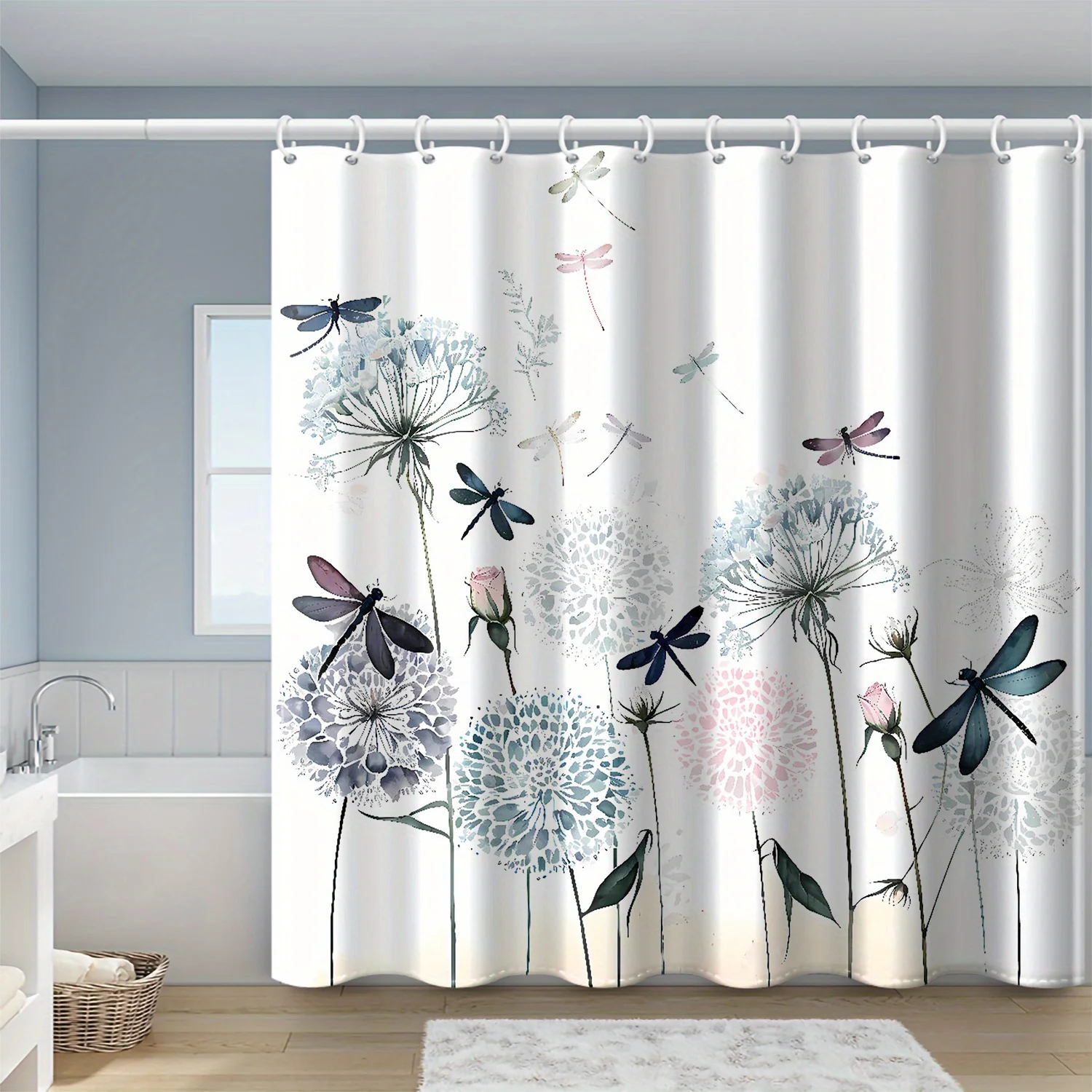 1pc polyester watercolor dandelion dragonfly printed shower curtain, with hooks/windows and walls/bathtub/bathroom home decorati