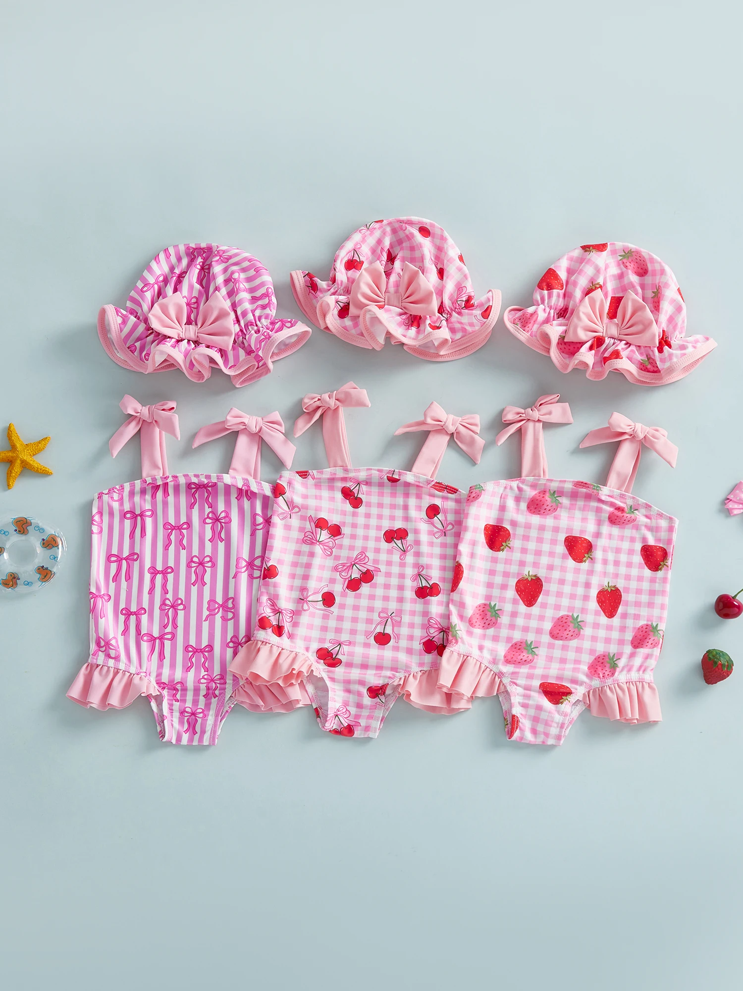 

Милый пляжный комплект для девочек с клубничным бантом и вишнёвым принтом, купальник без рукавов с завязками на плечах и подходящие аксессуары