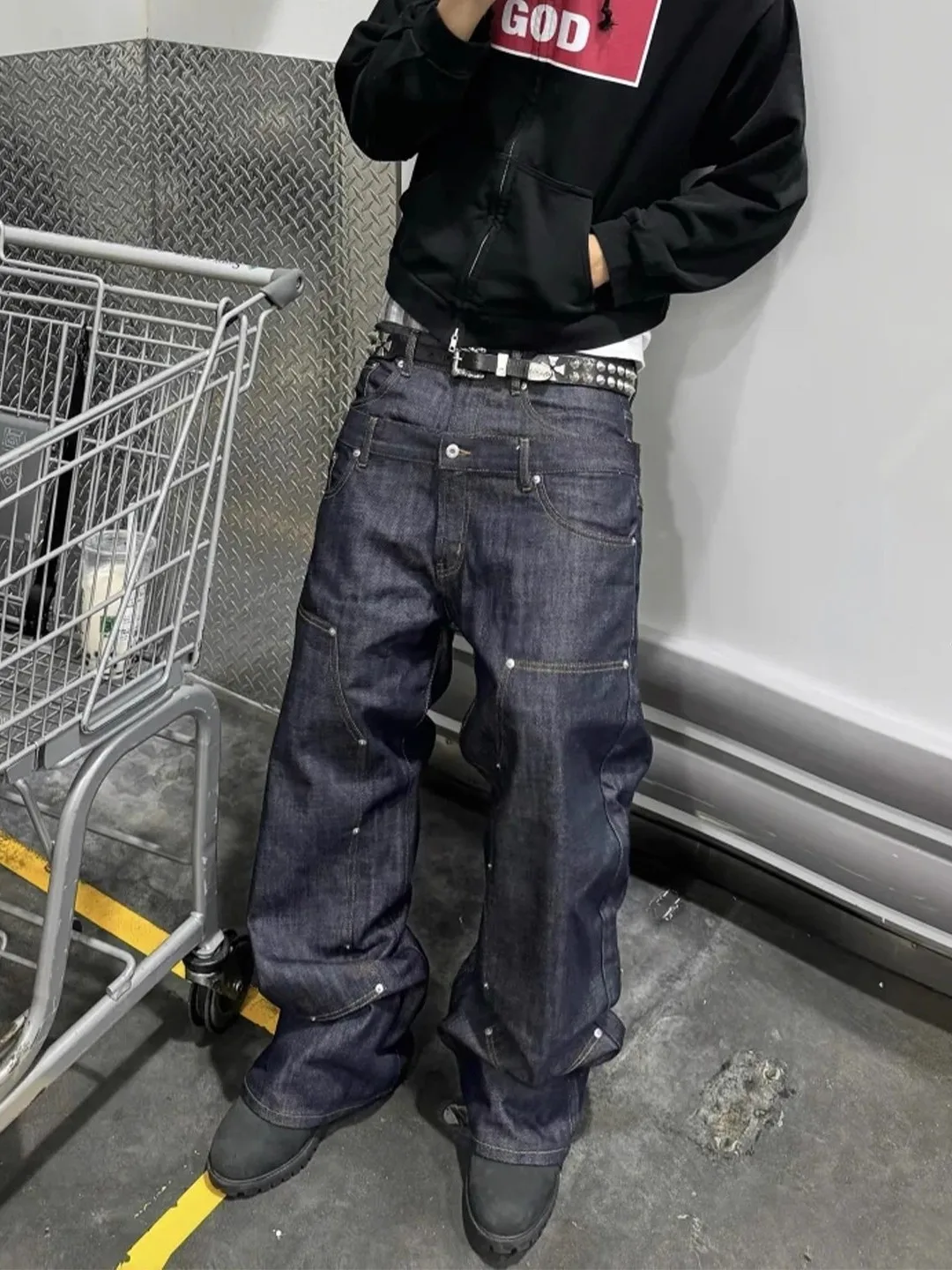 American Retro Street Nail Double Waist Jeans Loose Wide Leg Workwear Long Trousers for Men And Women Punk Style Casual Jeans