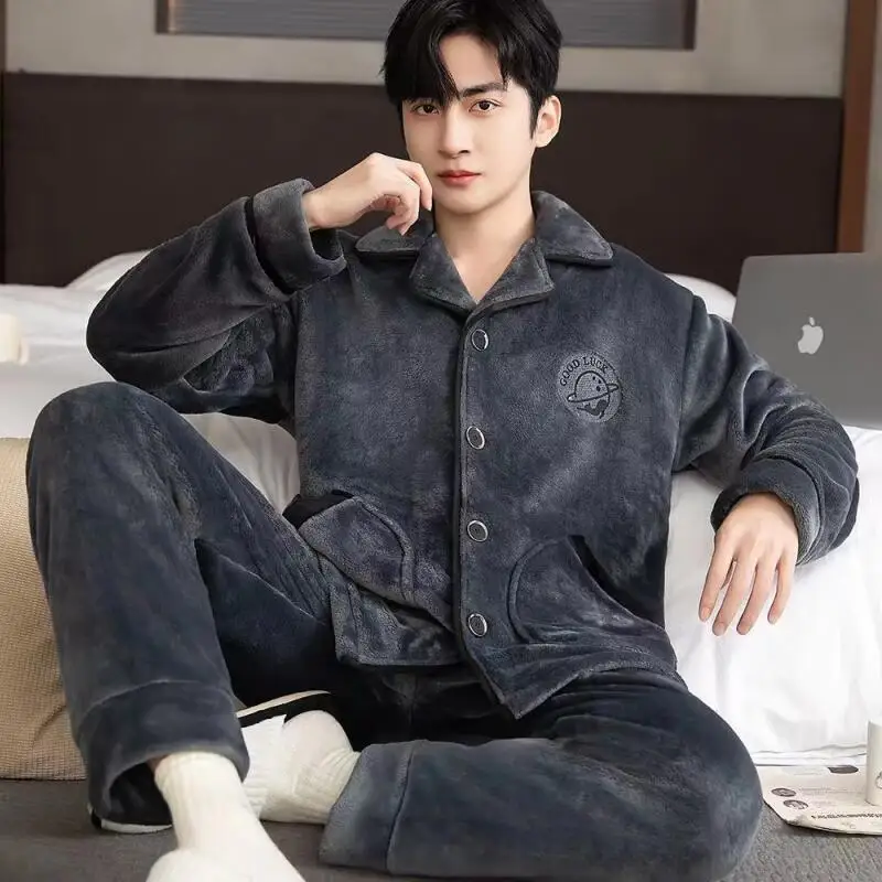 

man Winter clothing pajamas men clothing flannel Y2K autumn sportswear Youth casual wear Bath clothes 2Pcs/set homewear thicken