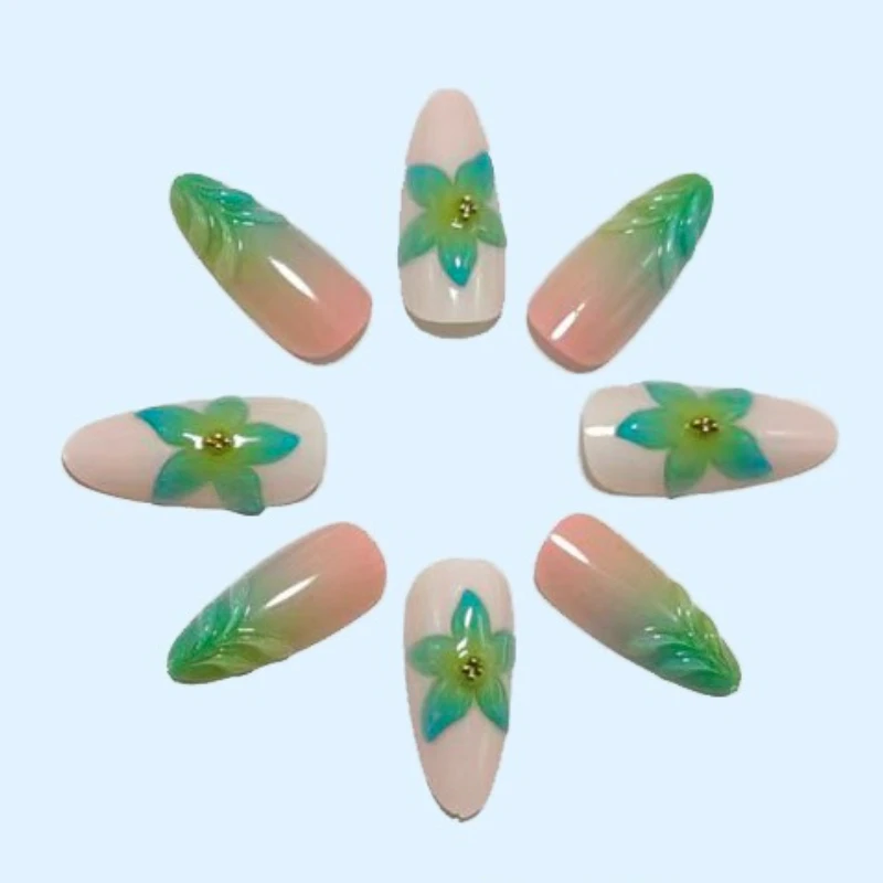 

24PCS 3D Flowers Press on Nails Blue Gradient Water Ripple False Nails Almond Pure Desire Sweet Removable Acrylic Fake Nails 네일팁