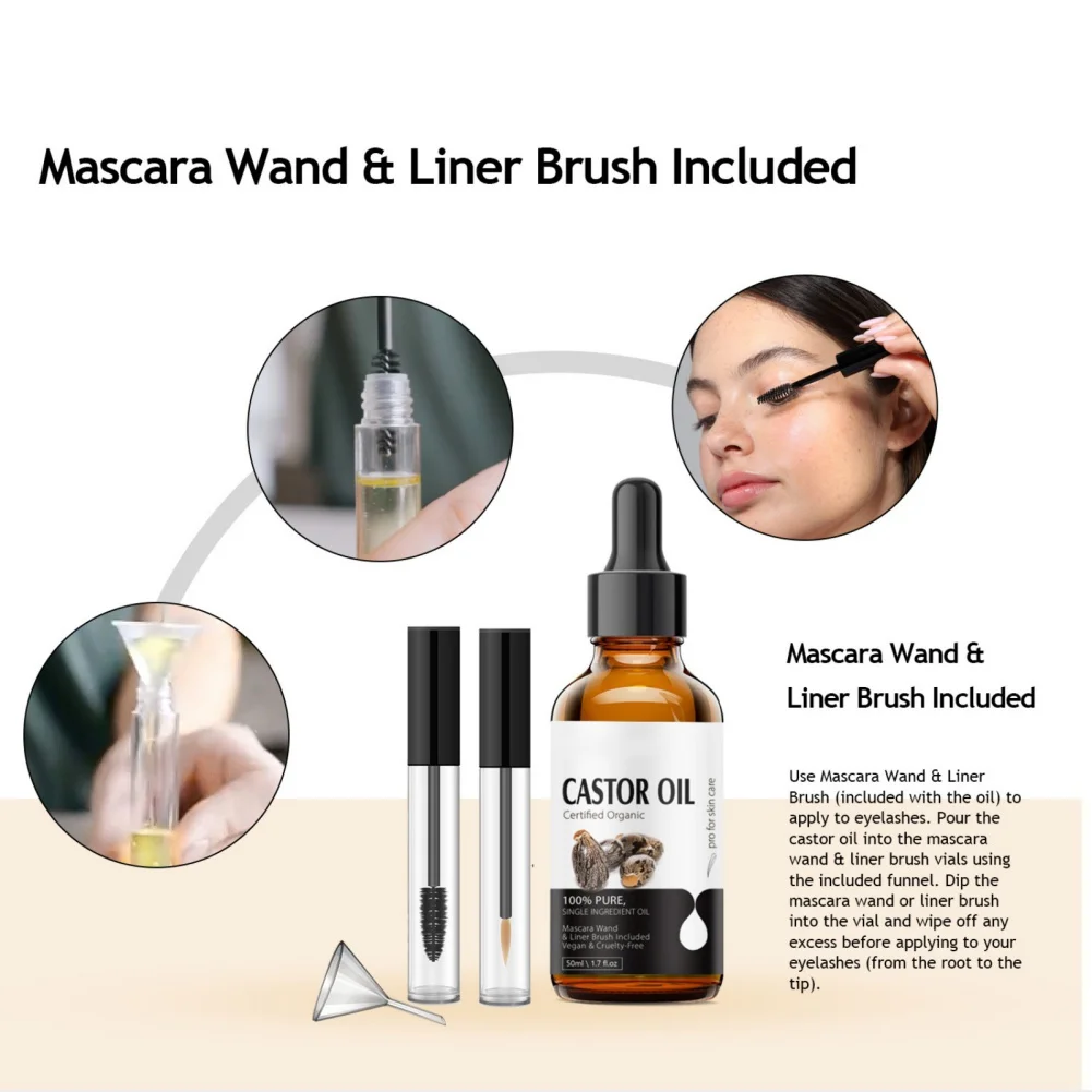 50Ml Biologische Ricinusolie + Wimpers Met Mascara Wand Liner Borstel Wimper Kit Haar Make-Up Verbeteren Voedende Schoonheid Gezondheidszorg