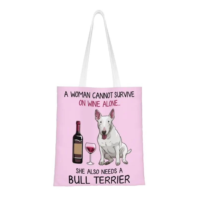 

Reusable Bull Terrier And Wine Funny Dog Shopping Bag Women Canvas Shoulder Tote Bag Washable Groceries Shopper Bags