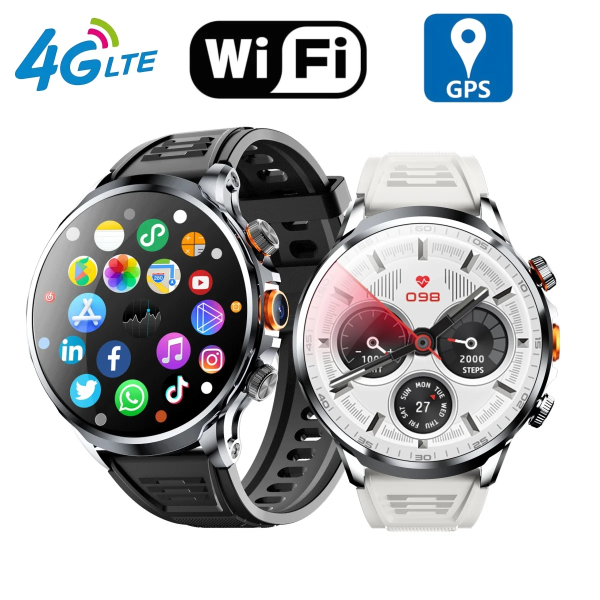 Montre connectée Android 4G LTE H18 32+512 Go, batterie 1100 mAh, Play Store, fréquence cardiaque, écran sphérique 1,95 pouces, GPS, WIFI, pour hommes
