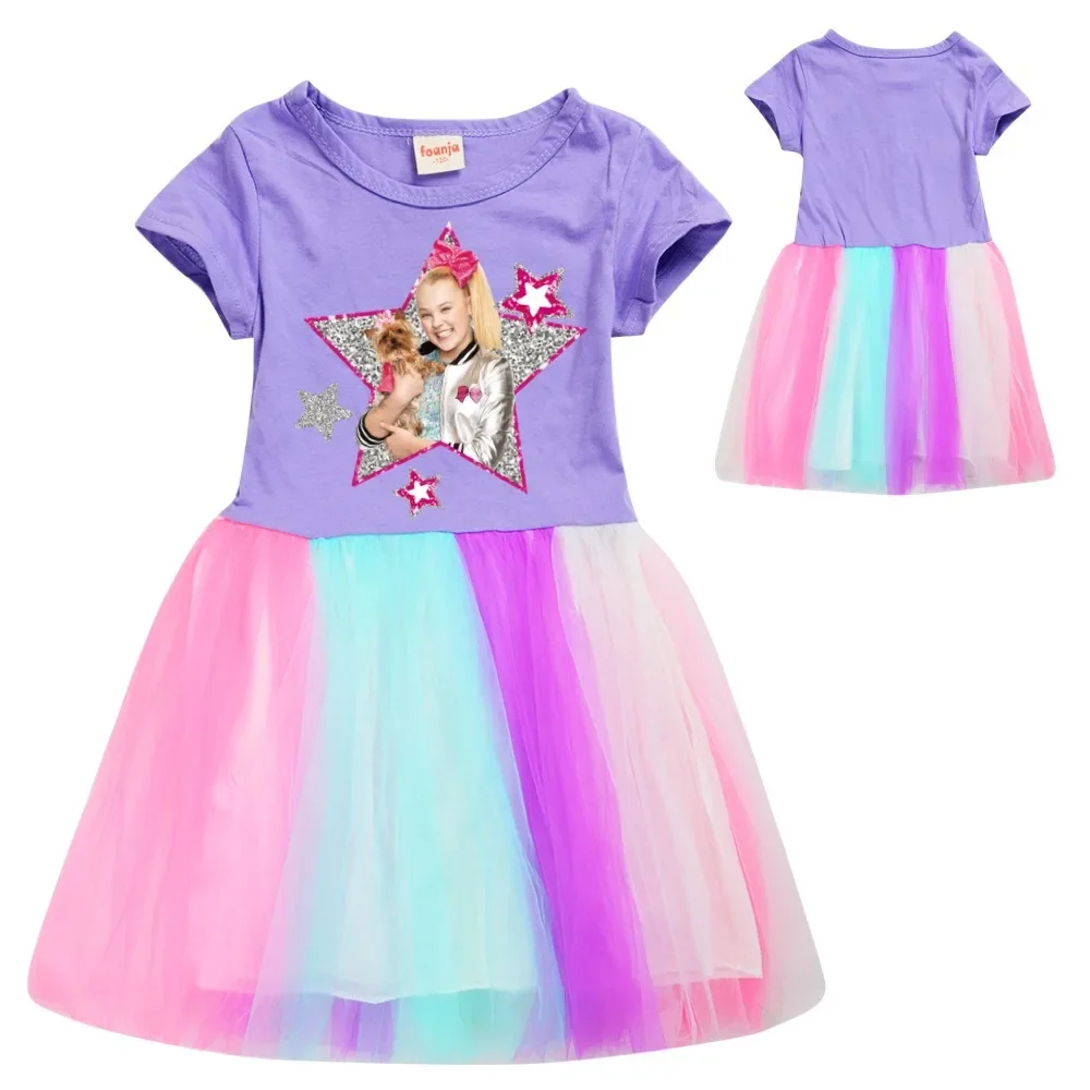 Cute JOJO Siwa A Kids Clothes Knee-Length Dresses Cute Cotton Gauze Full Dress Teenagers Cartoon Baby Girls Party Clothing image 2