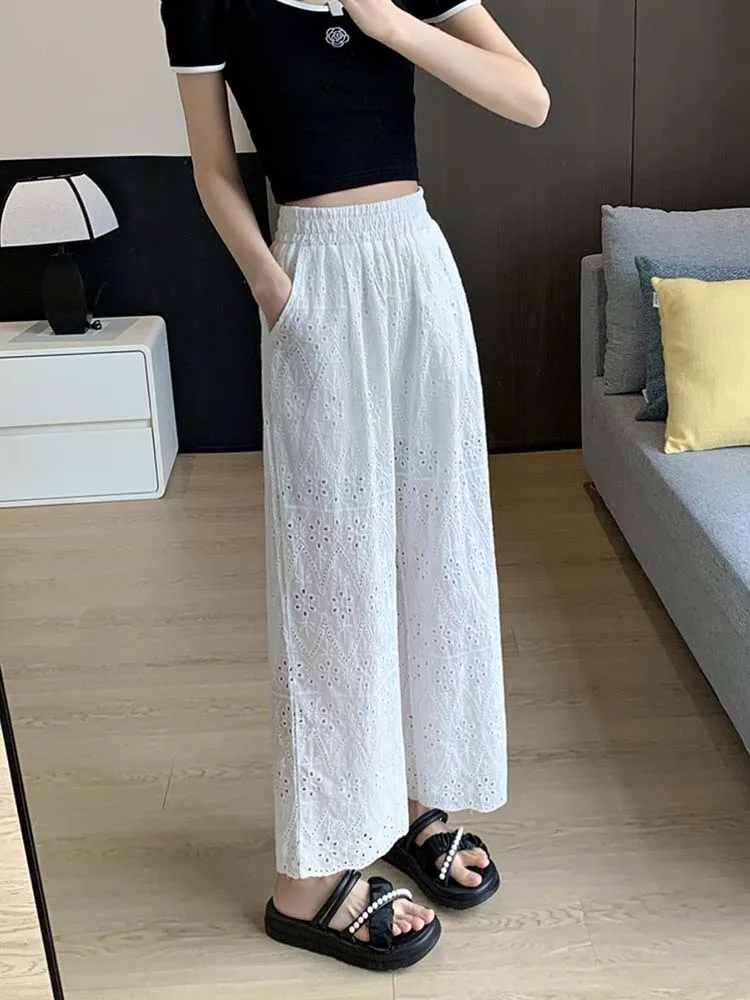 Summer New Solid Color Hollow Out High Waist Women\'s Pants Long Fashion White Black Vintage Slim Straight Wide Leg Troussers