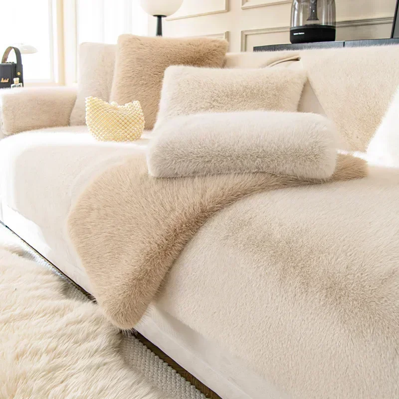 Rabbit Velvet Sofa Cover Three-Dimensional Thickened Warm Living Room Sofa Cushion Non-Slip Massage Plush Sofa Back Cushion