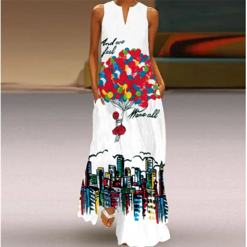 Vestido largo de verano para mujer, vestido largo holgado sexi sin mangas con cuello en V, estampado sin mangas, elegante y cómodo para ir al trabajo