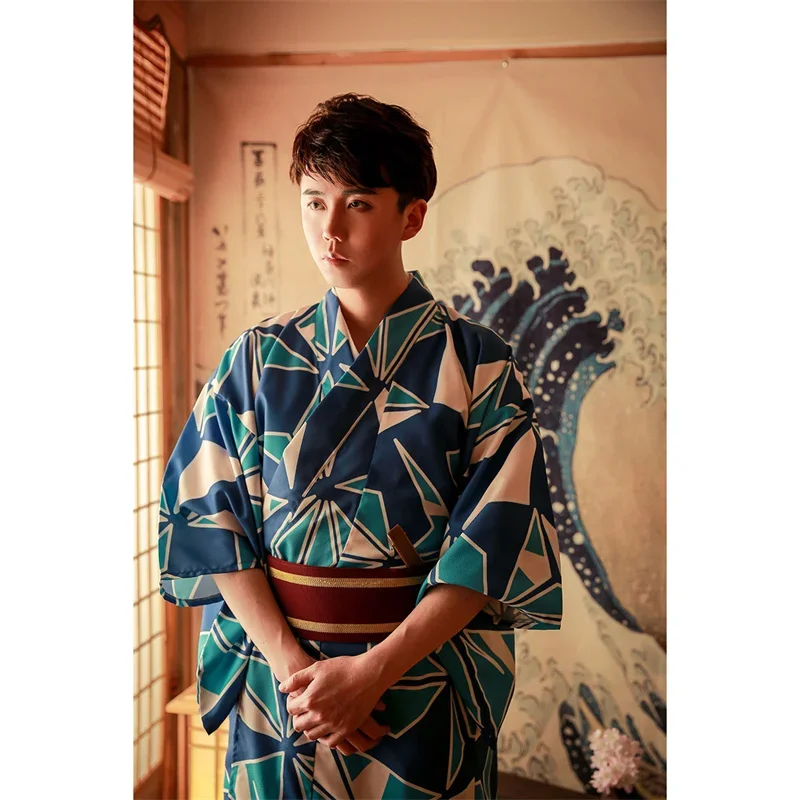 

Japanese Traditional Kimono Men Blue Clothing Male Haori Obi Samurai Warrior Printing Clothing Costume Cosplay Samurai Yukata