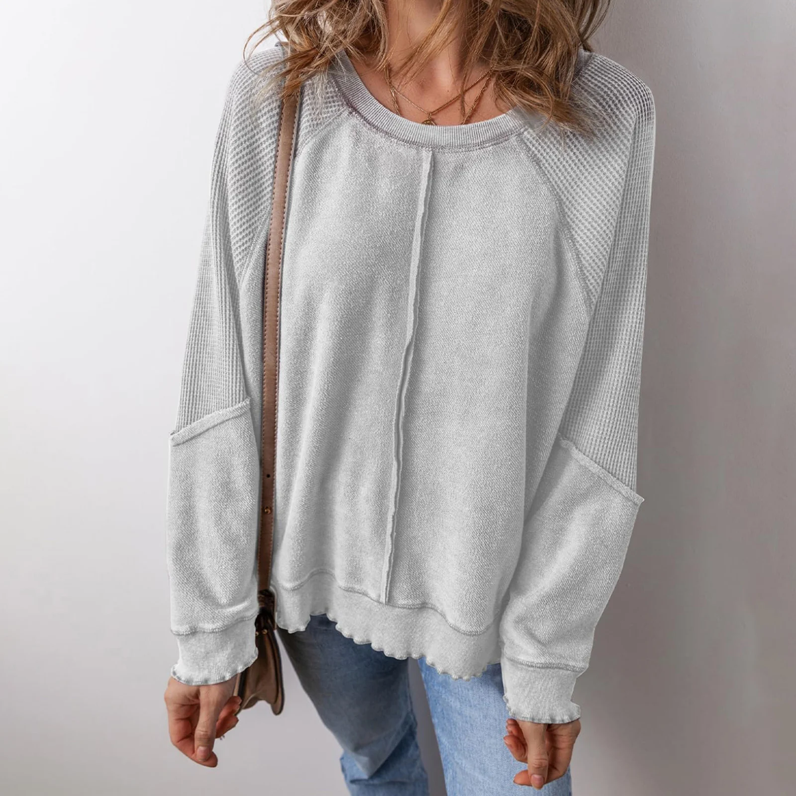 

2026 Winter Fashion Women's Knit Waffled Loose Pullovers Tops Patchwork Long Sleeve Crew Neck Sweatshirt Streetwear Sweaters New