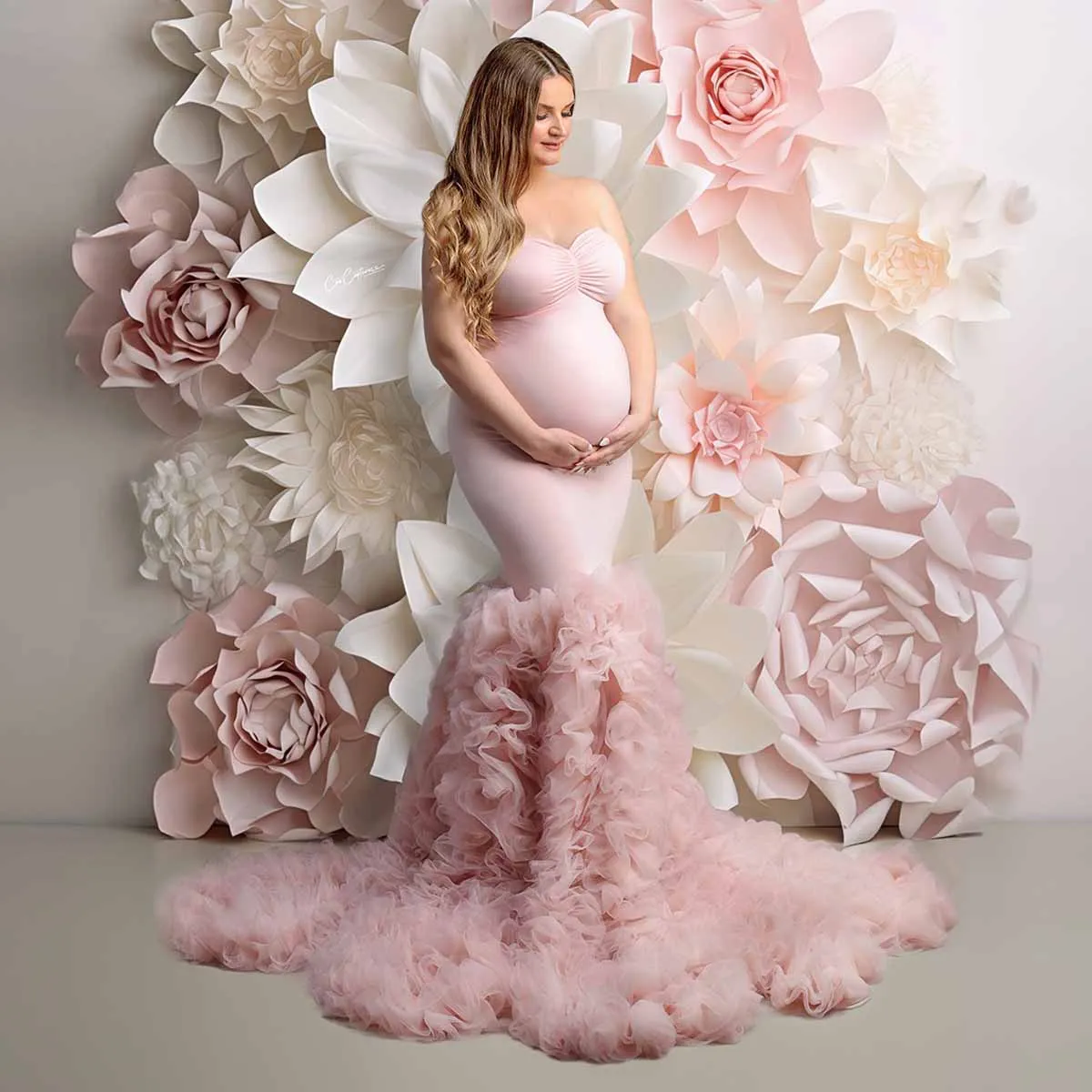 Elegance Pink Mermaid Maternity Dress for Pregnancy Women Tiered Tulle Skirt Stretch Silk Maternity Photoshoot Dresses Custom