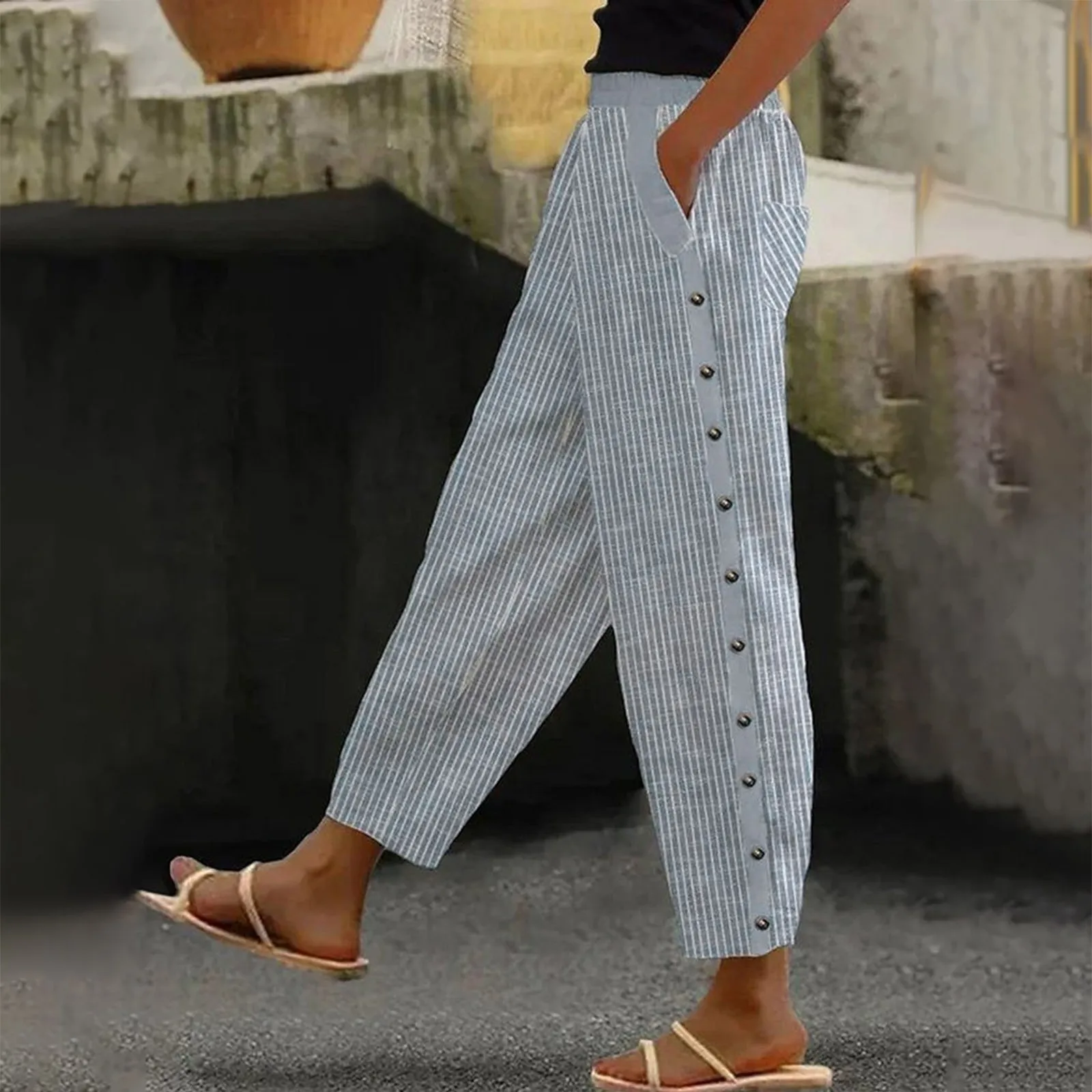 

Striped Print Casual Loose Fit Pants with Side Buttons Pockets for Women Comfortable Pants Mid-rise Elastic Waistband for Summer