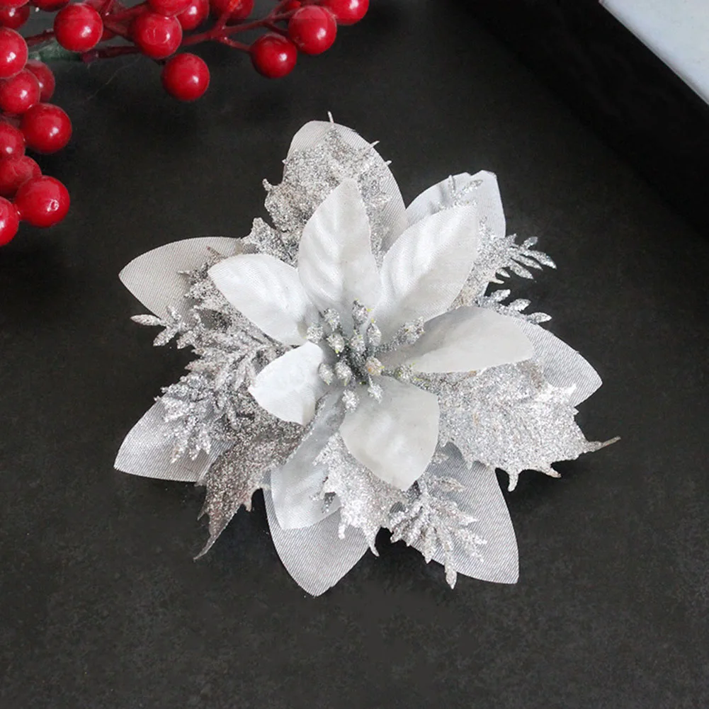 Natal poinsétia glitter flores artificial poinsétia cabeça de flor ornamento da árvore de natal decoração para casa navidad ano novo 2025