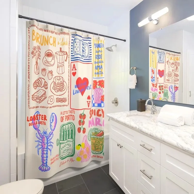 VIKAMA Vintage Food Collage Shower Curtain Brunch Seafood & Letter Print Waterproof Bathroom Partition Curtain