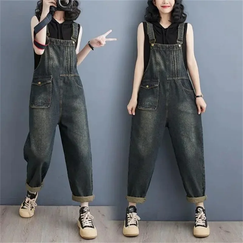 2025 Spring Summer New High Waist Cowboy Strap Pants for Women Casual Artistic retro Loose Student Sleeveless Denim jumpsuit