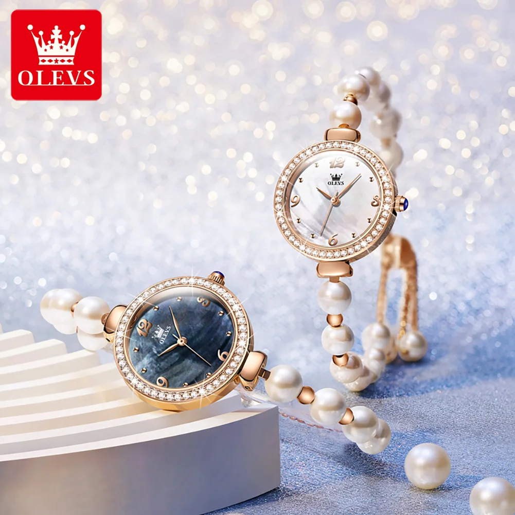 OLEVS-reloj de cuarzo con cadena de perlas para mujer, pulsera de lujo, resistente al agua, Original, marca superior