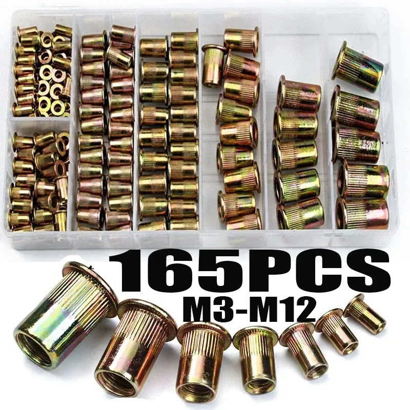 

165 PCS M3 M4 M5 M6 M8 M10 M12 Rivet Nuts Carbon Steel Flat Head Rivet Nuts Set Insert Rivet Nuts Hardware