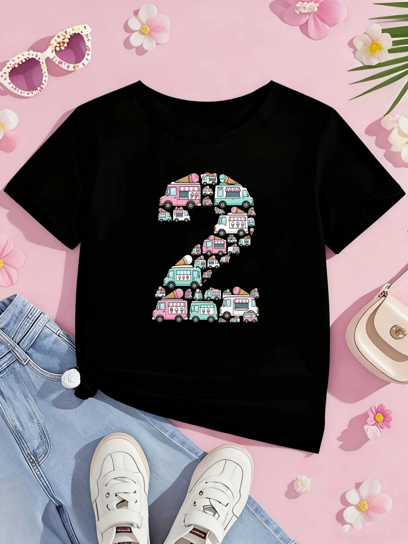 2nd Birthday Ice Cream Car Printed T Shirt Girls The Best Birthday Gift T-Shirt Summer Short Sleeve T-Shirt