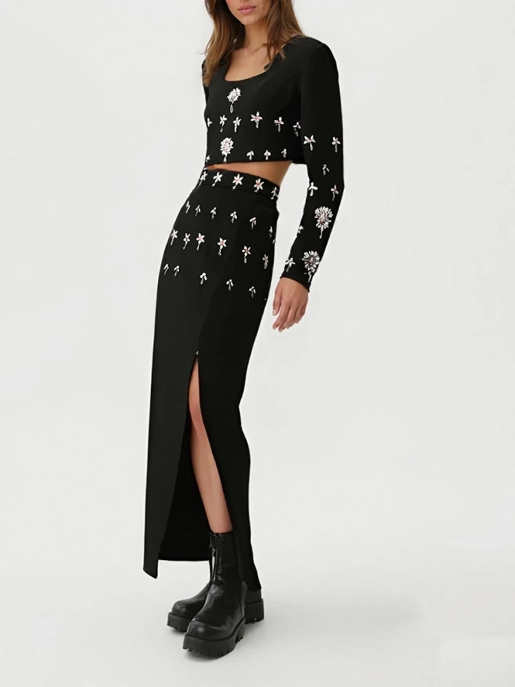 Women Black Bandage Skirt Two Piece Set Sexy Long Sleeves Diamonds Top + Long Split Bodycon Skirt Suits Evening Party Cocktail