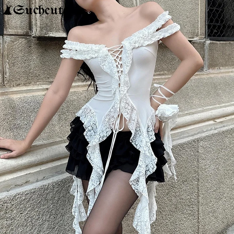 

SUCHCUTE Y2k Ruffle Bandage Tube Tops For Women Solid Sleeveless Lace Patchwork Fairycore Aesthetic Elegant Vacation Strapless