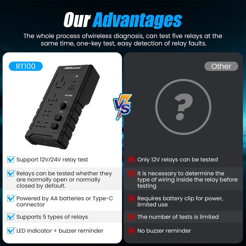 12V/24V Car Relay Tester RT100 Compact Cordless Super 4Pin / 5Pin Relay Tester Automatic Recognition Battery Voltage Diagnostic Tool