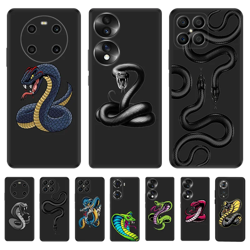 Black Soft Phone Case for Honor Magic5 Pro X7b X8b X9b X6 X7 X8 X9A 90 70 X8A X6A Snake Cobra Python Pixel 6 7 8 6a 7a 8a Cover