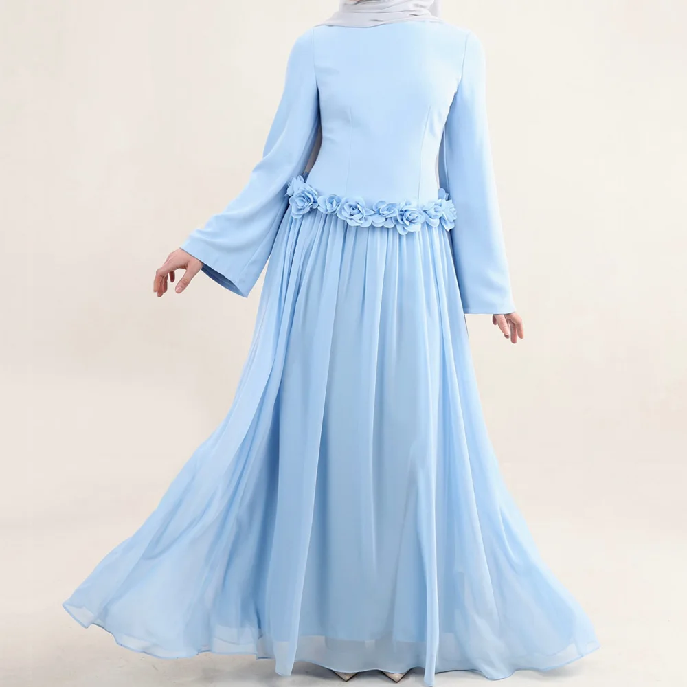 Eid Evening Party Galas Hijabi Gown 3D Flower Appliques Corset Style Body-Skimming Muslimah Dress: O Neck Zip Back A-Line Skirt
