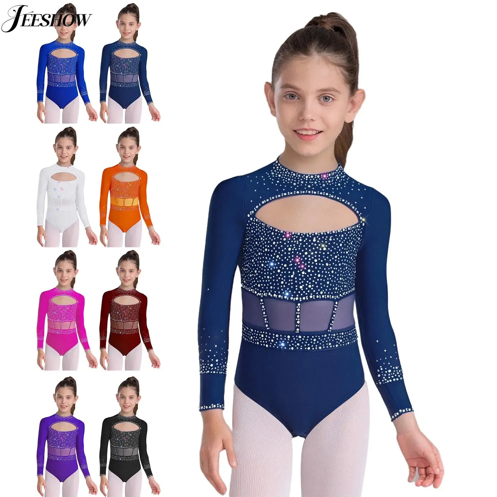 

Детский гимнастический танцевальный купальник для девочек с блестящими стразами и круглым вырезом с длинными рукавами и вырезами, боди для фигурного катания, балетный танцевальный костюм