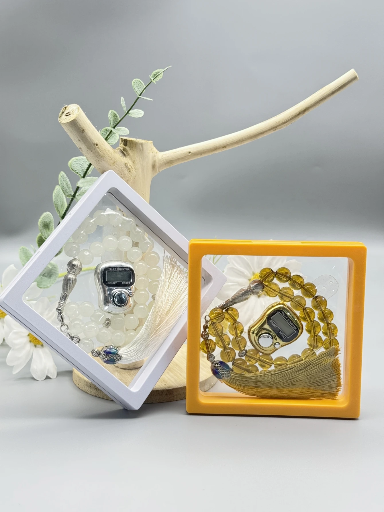 1 STÜCK Misbaha-Zählerset mit 33 Perlen – goldene/silberne Gebetsperlen mit transparenter Geschenkbox | Tasbih Dhikr Counter for Muslim