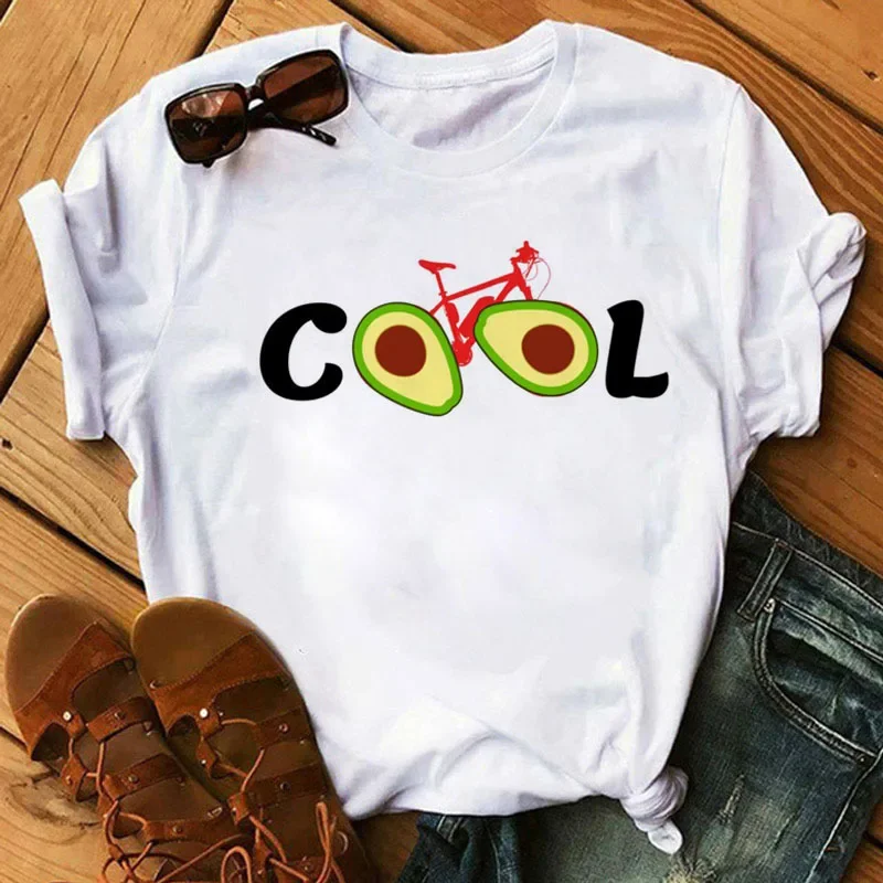 Spring Summer Ladies Floral Bicycle Pattern Fashion Cartoon Print White Letter T-shirt Woman Clothes  Oversized T Shirt Tops Tee