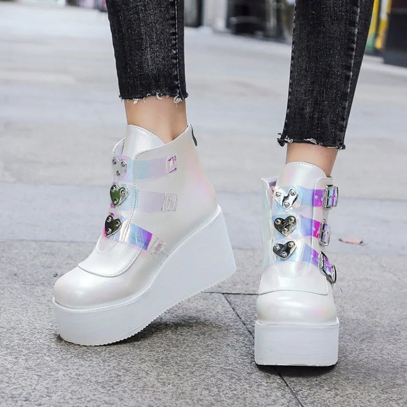 Women Round Toe Metal Bullet Gothic Punk Ankle Boots Shoes Belt Buckle Platform Chunky Heel Creepers Studded Boots Goth Shoes