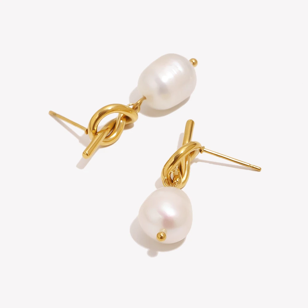 Knot Button Freshwater Pearl Drop Earrings Water Resistant 316L Stainless Steel Jewelry 18K Gold Plated Earrings for Women