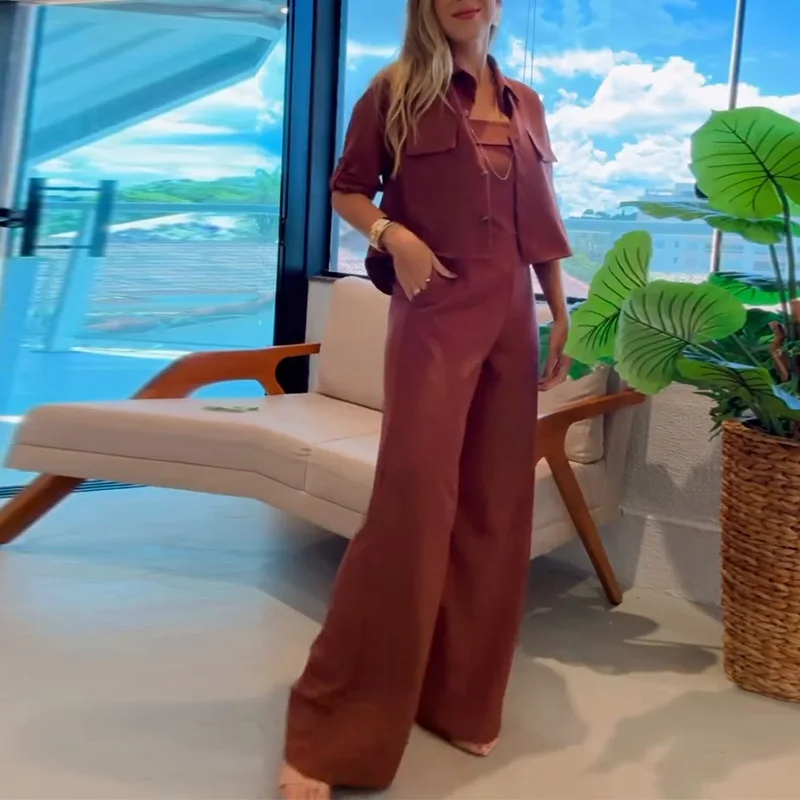 

2pcs Women's Clothes Set Sleeveless Overall Jumpsuit Pants & Long Sleeve Short Jacket Casual Fashion Solid Color