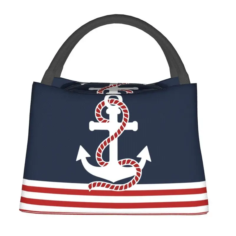 Nautical Red White Stripes Red Anchor Portable Lunch Box Multifunction Navy Navigation Thermal Cooler Food Insulated Lunch Bag